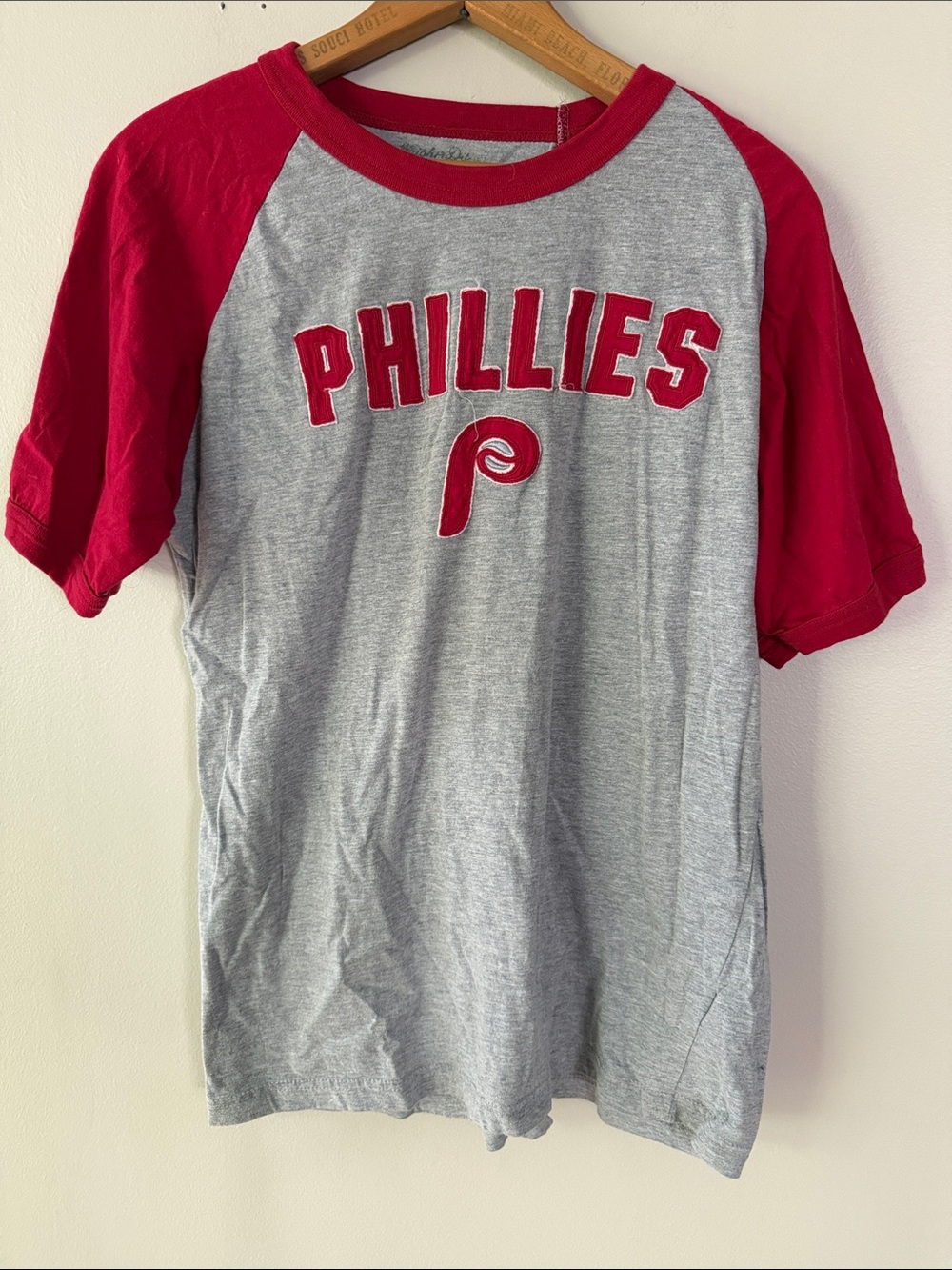 Gray & Red Baseball Style Tee with Script Logo